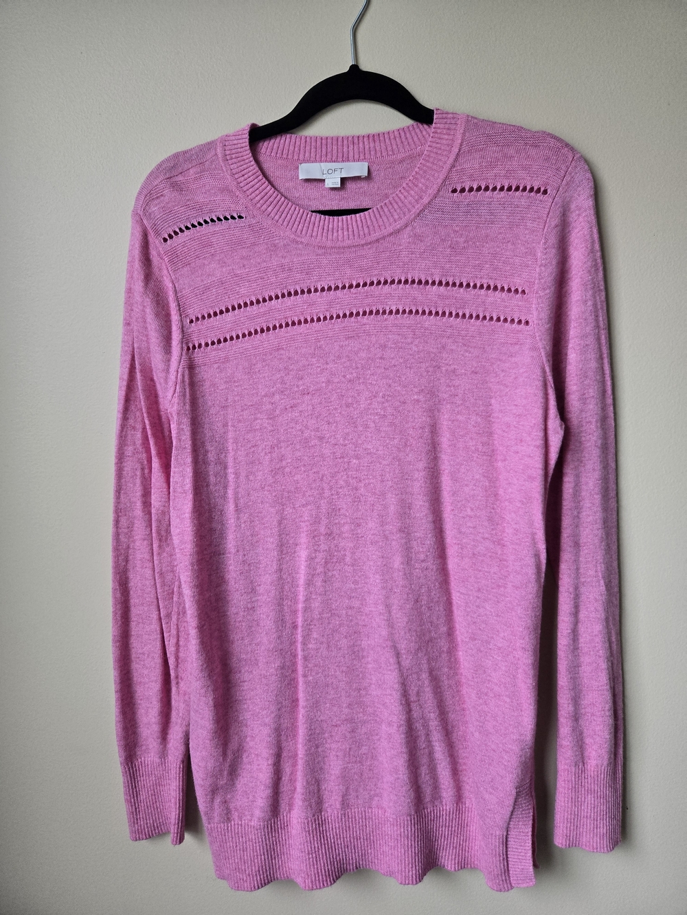 LOFT Heathered Pink Long-Sleeve Openwork Crewneck